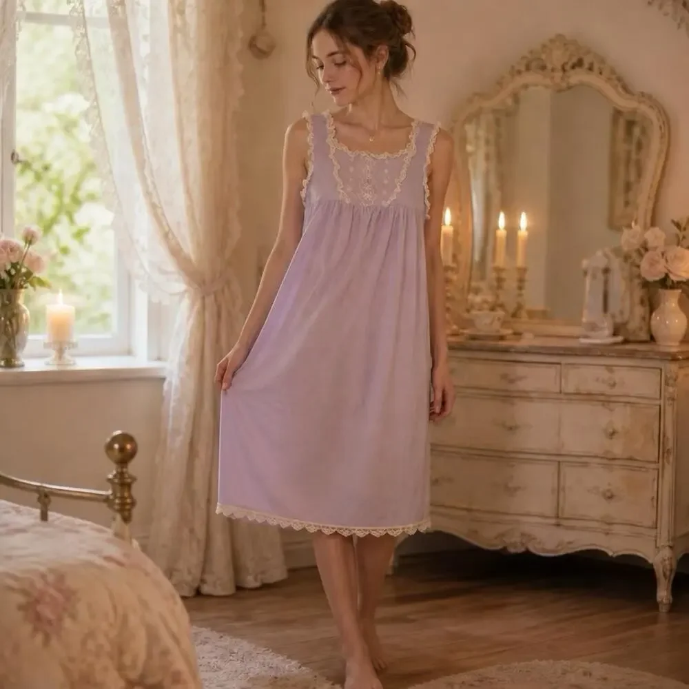 Girl's Vintage 70s USA Made Her Majesty Dress Purple LaceTrim Nightgown Size 7/8